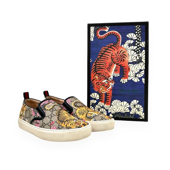 Gucci GG Supreme Monogram Print Bengal Tiger Gray Printed Slip-On Sneakers sz 38 - Picture 1 of 11
